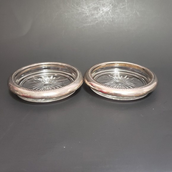 Leonard Silver plate Starburst Cut Crystal Coasters Lot of 2 ITALY - Picture 5 of 10